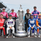 Former winners of the Indy 500. Standing, from left to right: Simon Pagenaud, Helio Castroneves, Juan Pablo Montoya, Alexander Rossi. Sitting, from left to right: Will Power, Takuma Sato, Tony Kanaan, Scott Dixon.